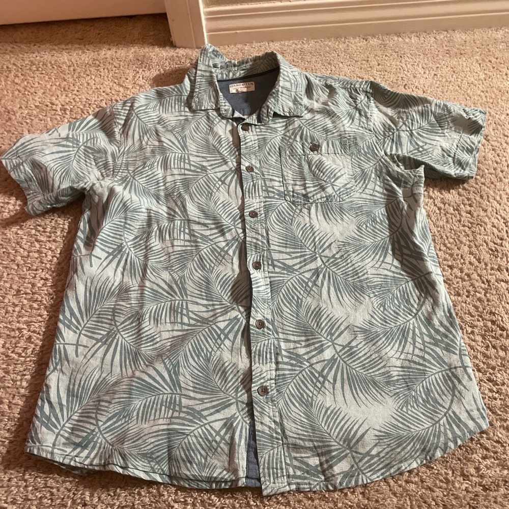 Hang Ten Green Casual Button Down Shirt Tropical Leaf Design